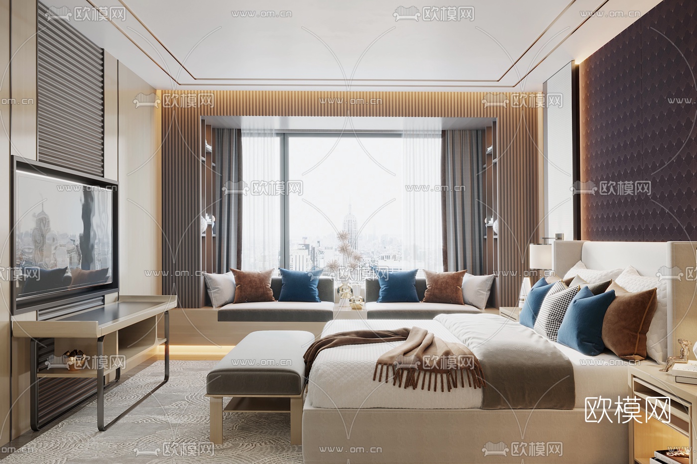 现代轻奢酒店客房3d模型下载（渲染图2）