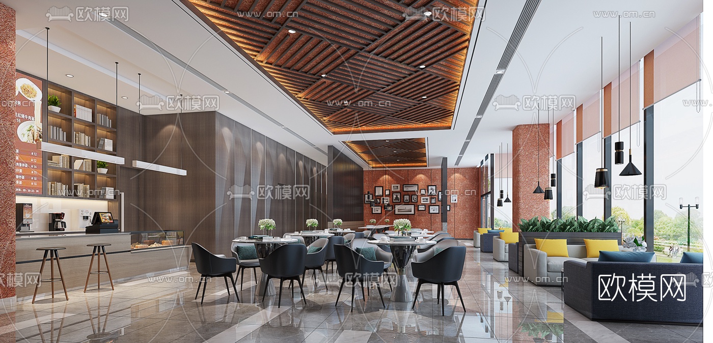 现代简约咖啡厅3d模型下载（渲染图1）