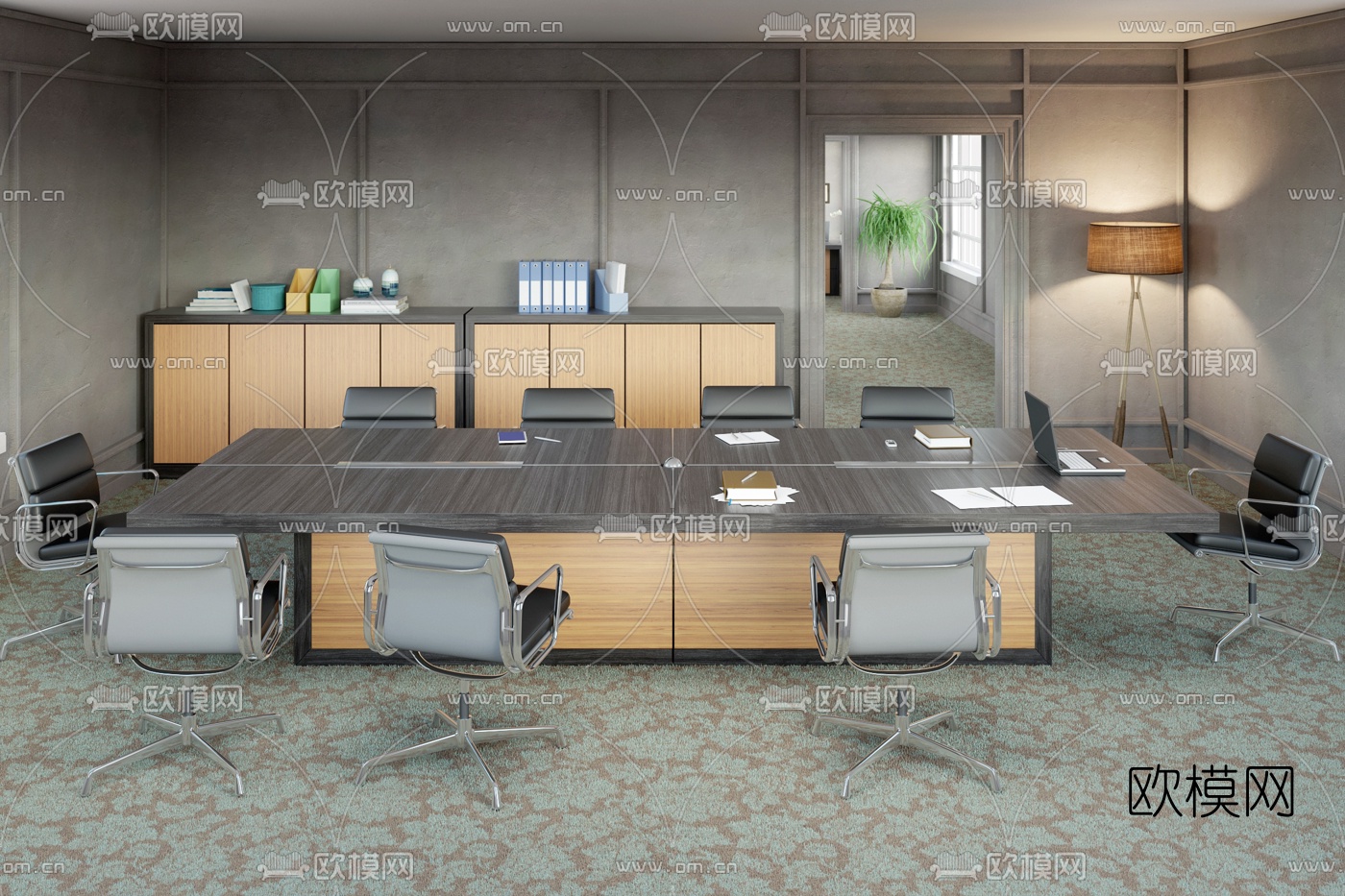 现代大班台会议桌文件柜3d模型下载（渲染图3）