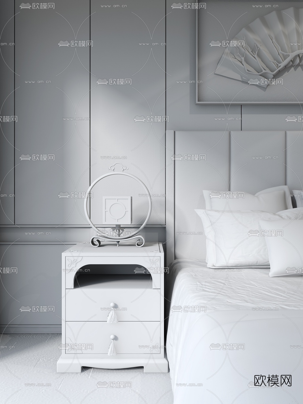 品辰设计 新中式皮革方形床头柜3d模型下载（渲染图2）