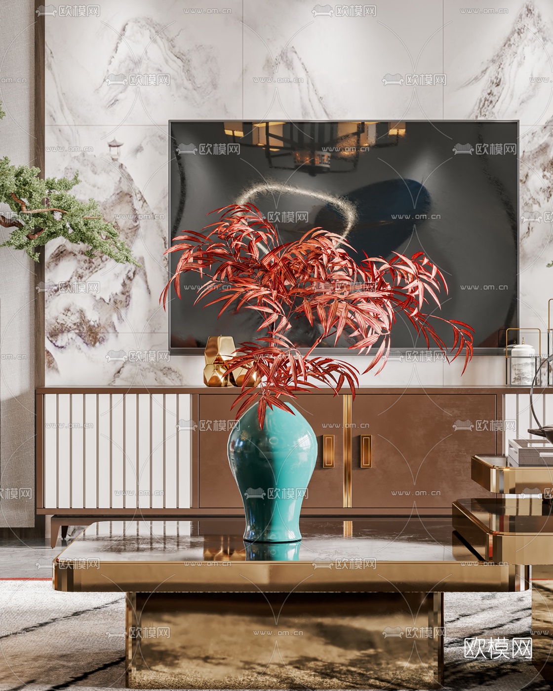 新中式轻奢客厅餐厅3d模型