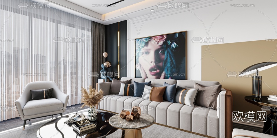 现代客厅餐厅3d模型下载(渲染图3)