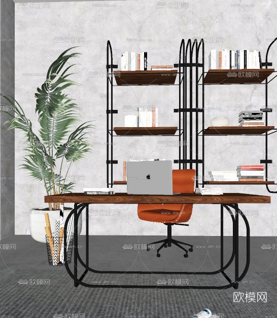 工业风实木书桌椅su模型下载（渲染图1）