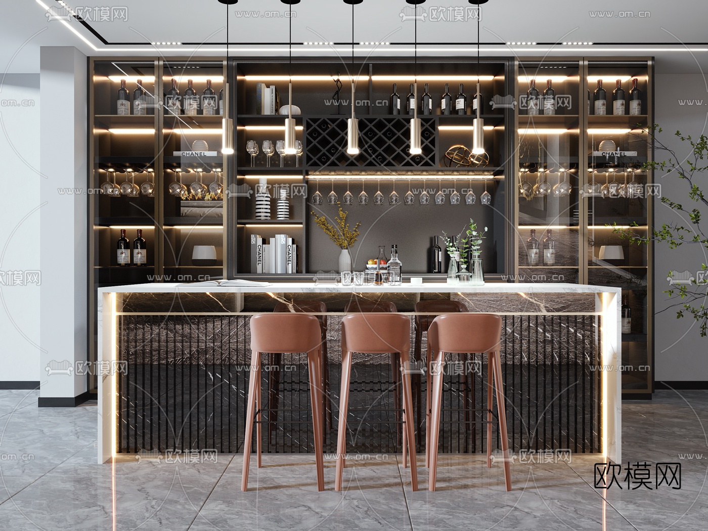 现代轻奢吧台椅酒柜3d模型下载