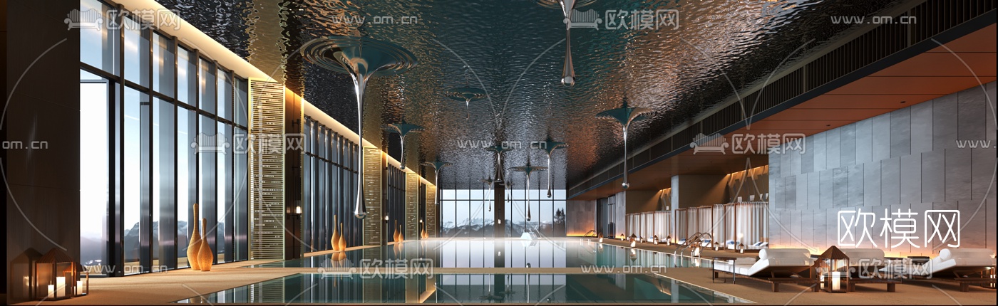 现代酒店游泳池3d模型下载
