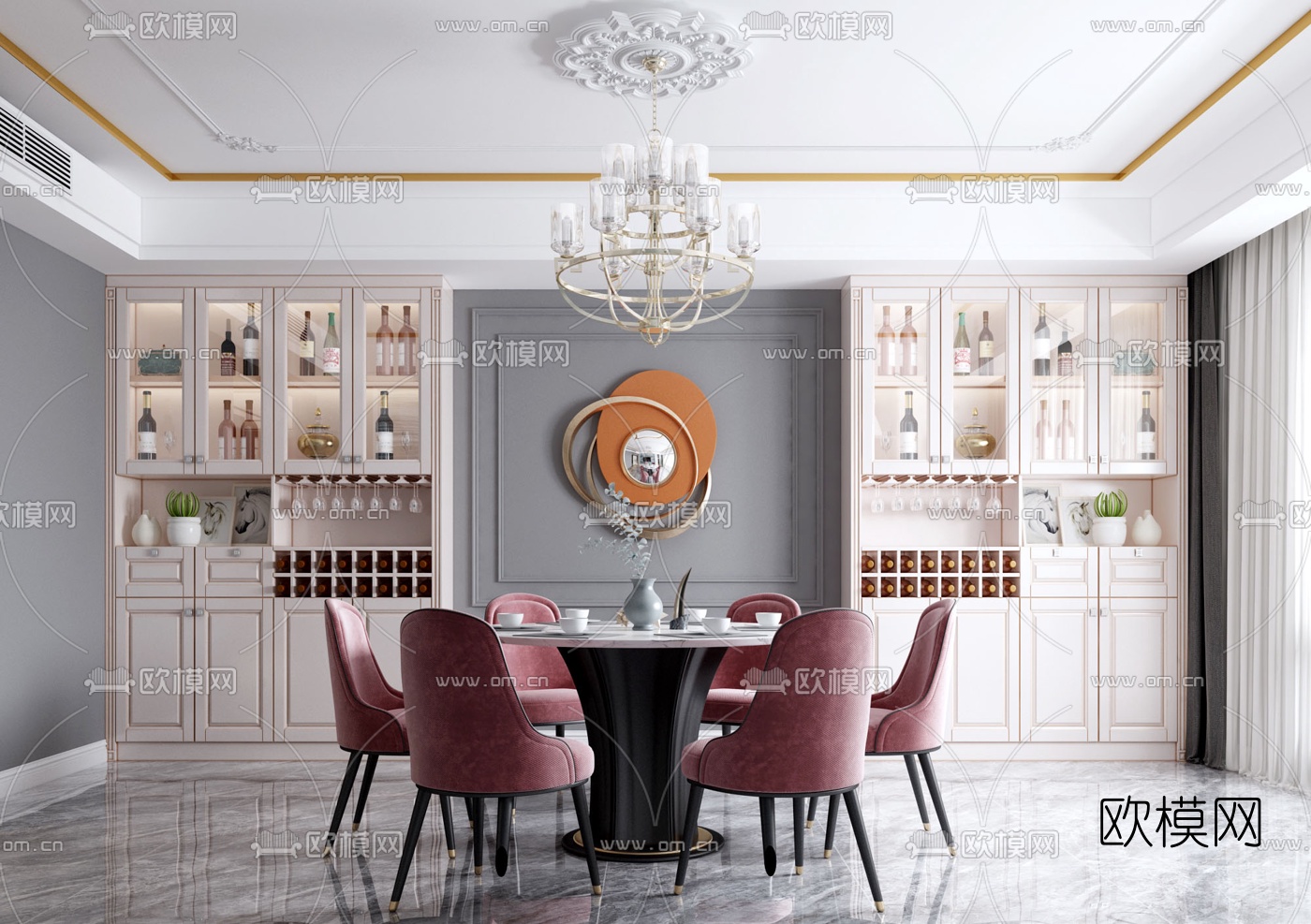 简欧圆形餐桌椅3d模型下载