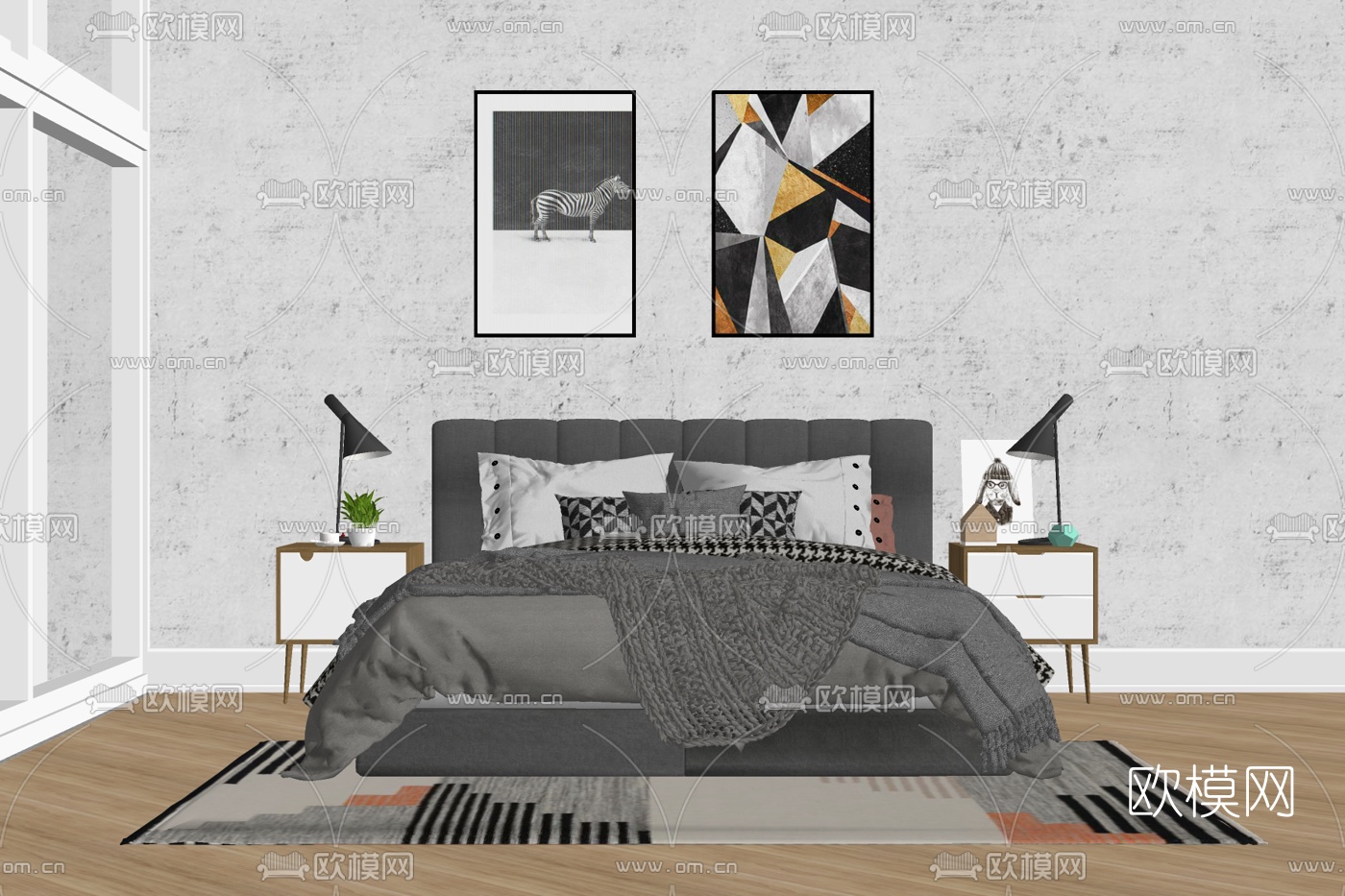 现代布艺双人床su模型下载