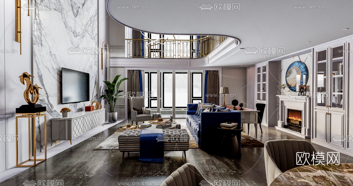 简欧跃层空间客餐厅su模型下载（渲染图1）