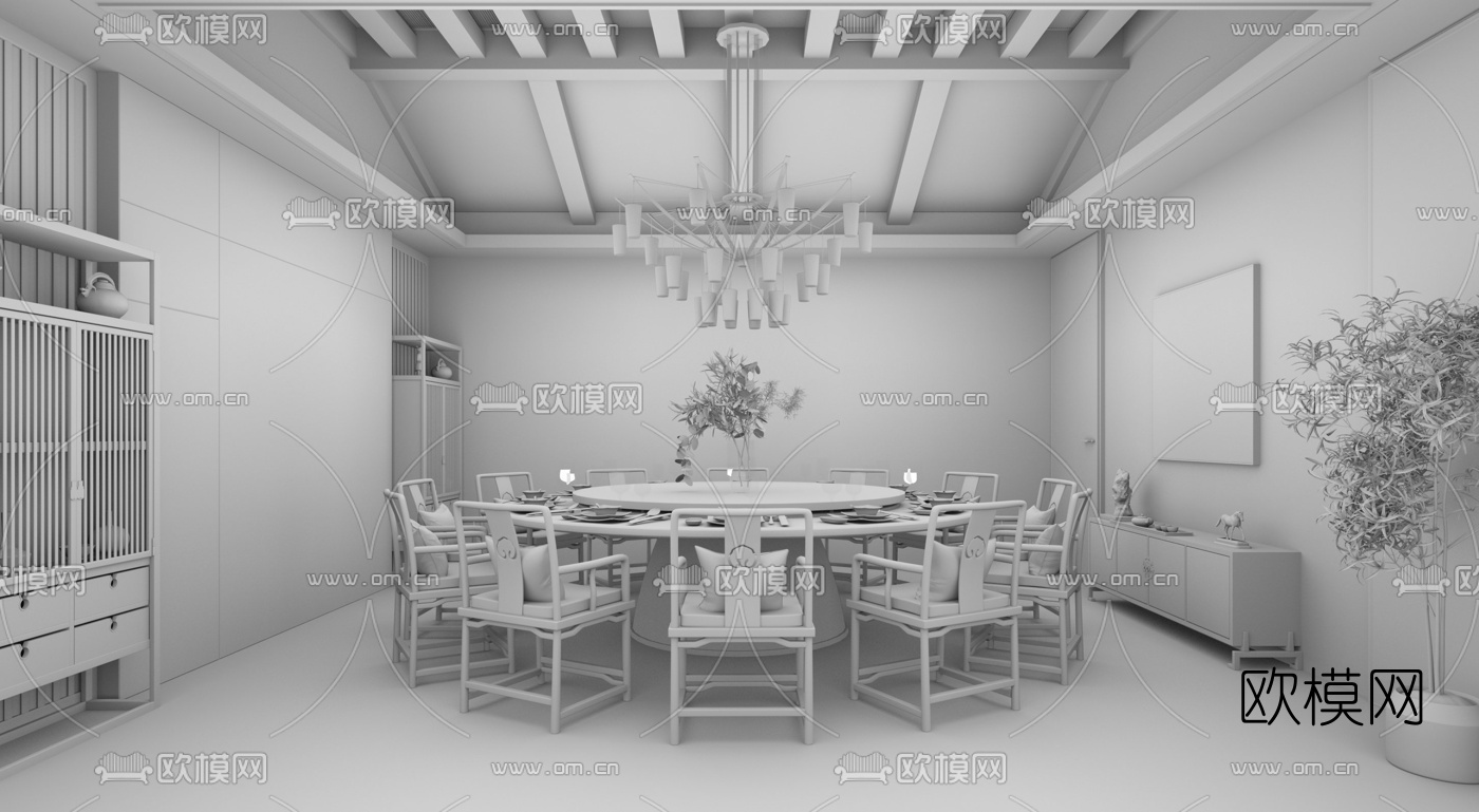 新中式餐饮包厢su模型下载（渲染图3）