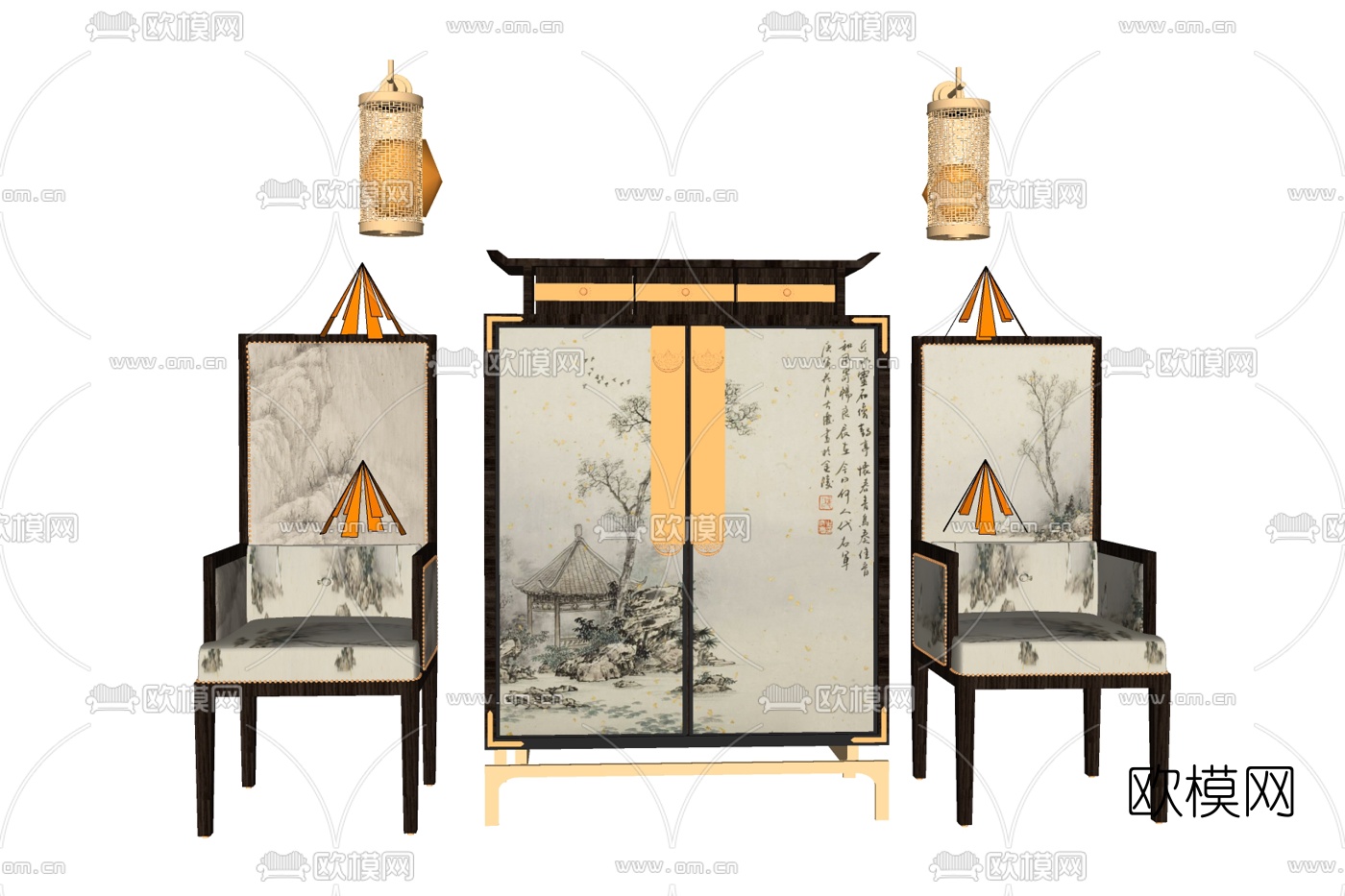 中式布艺高背单椅su模型下载