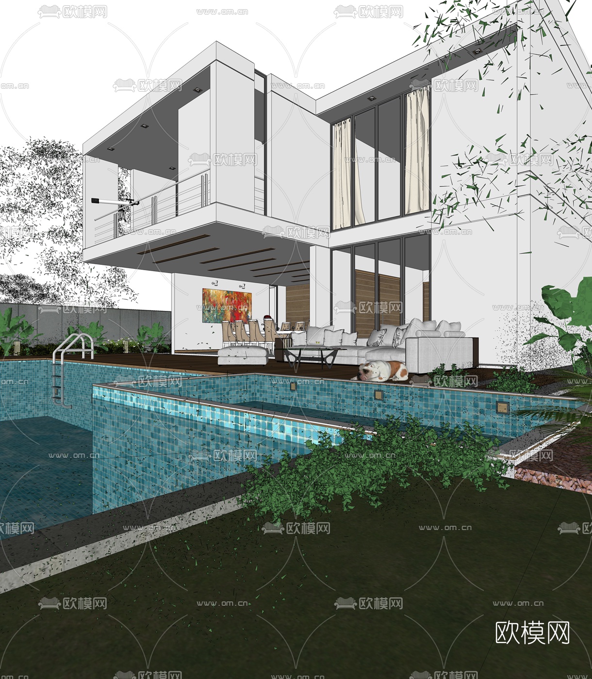 现代别墅泳池su模型下载（渲染图2）