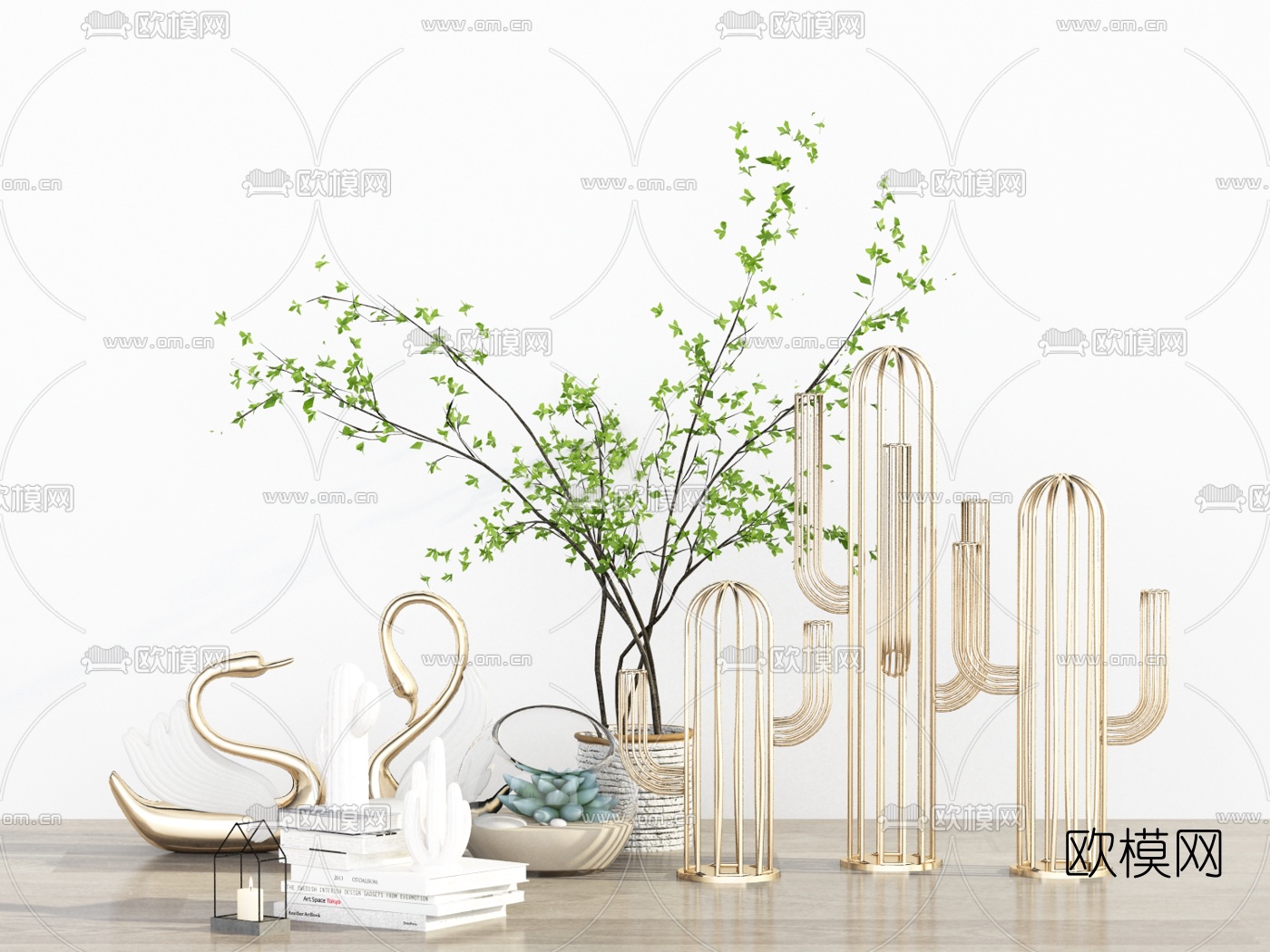 现代金属仙人掌花瓶摆件su模型下载（渲染图1）