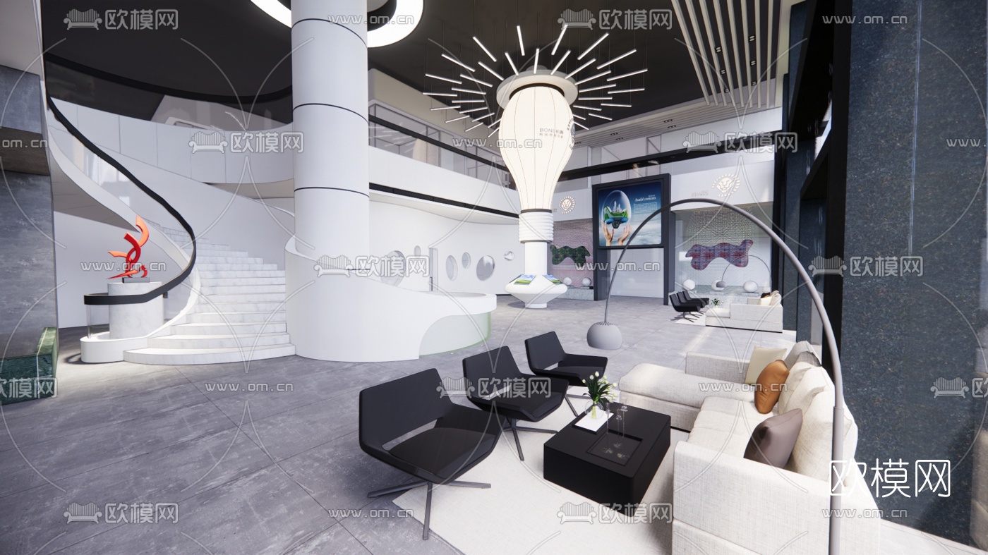 现代办公大厅su模型下载
