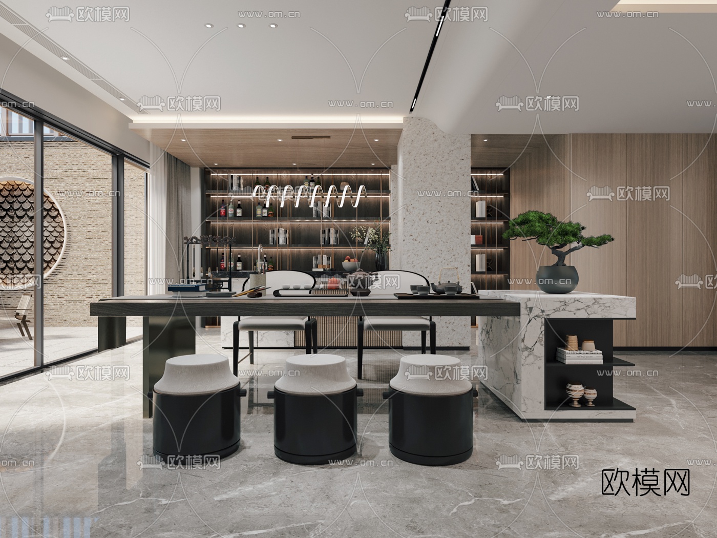 新中式茶室休闲区3d模型下载（渲染图1）