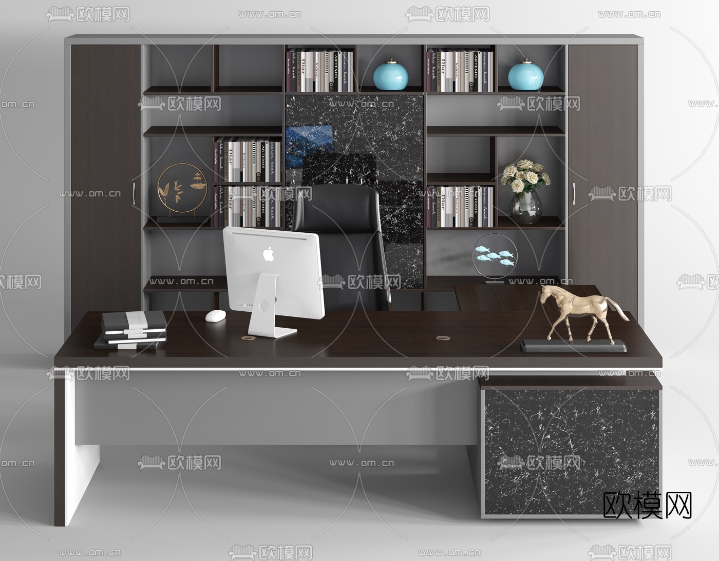 现代办公桌椅书柜班台3d模型下载（渲染图2）