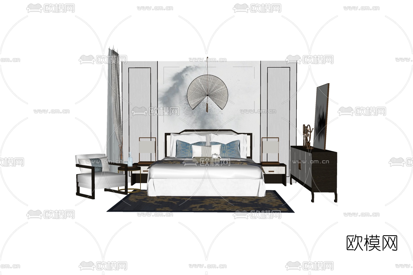 新中式布艺双人床su模型下载