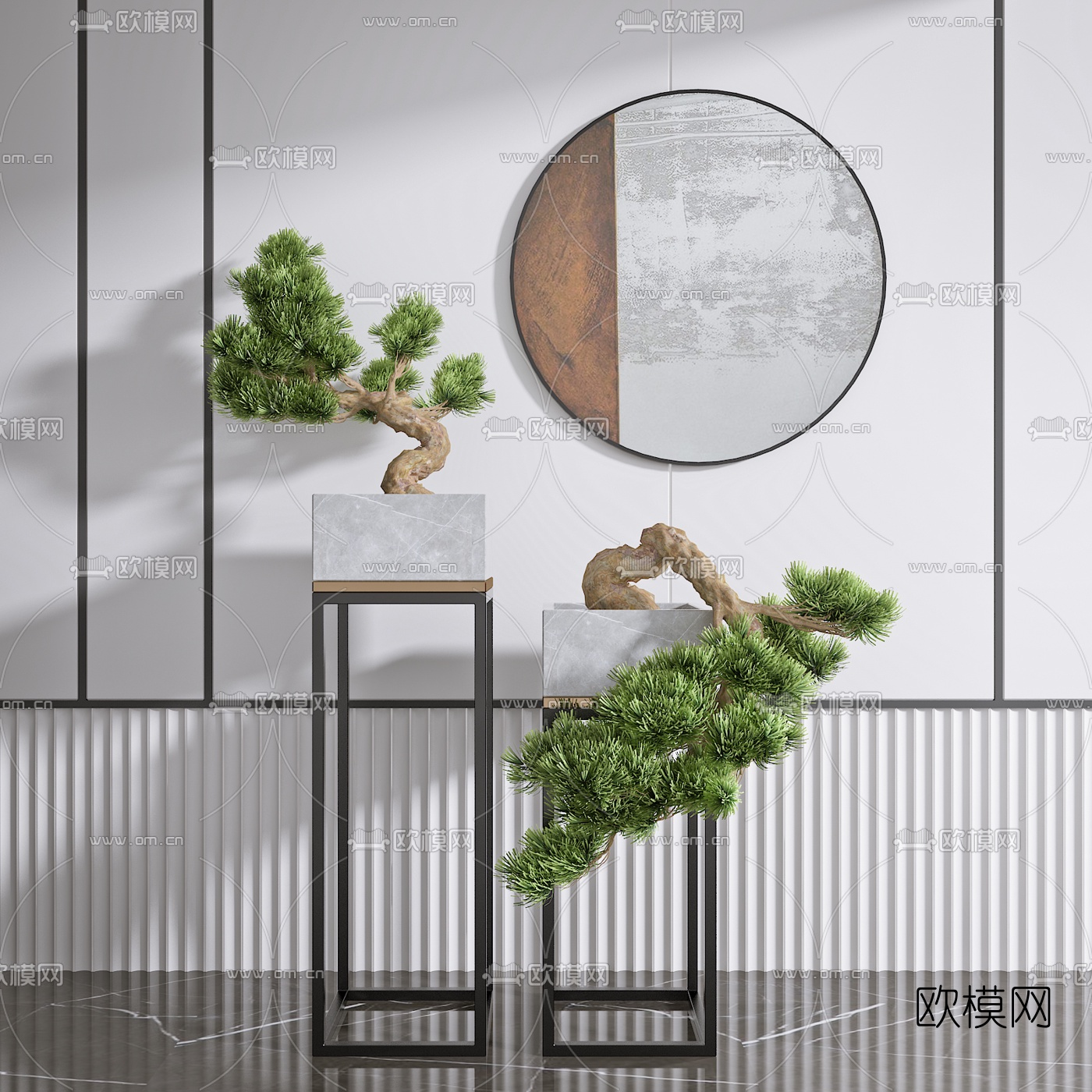 新中式花架松树盆景3d模型下载