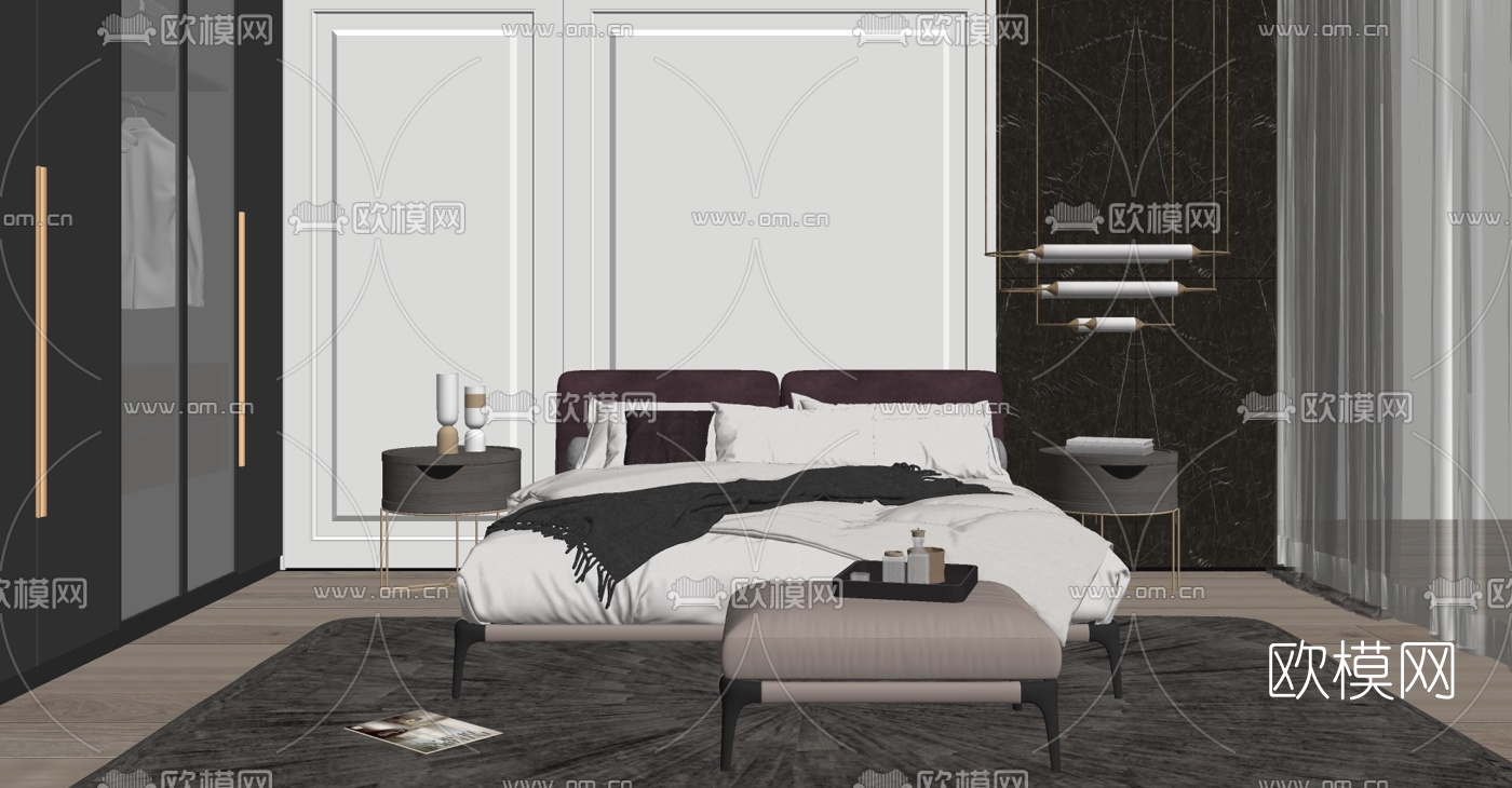 现代布艺双人床su模型下载