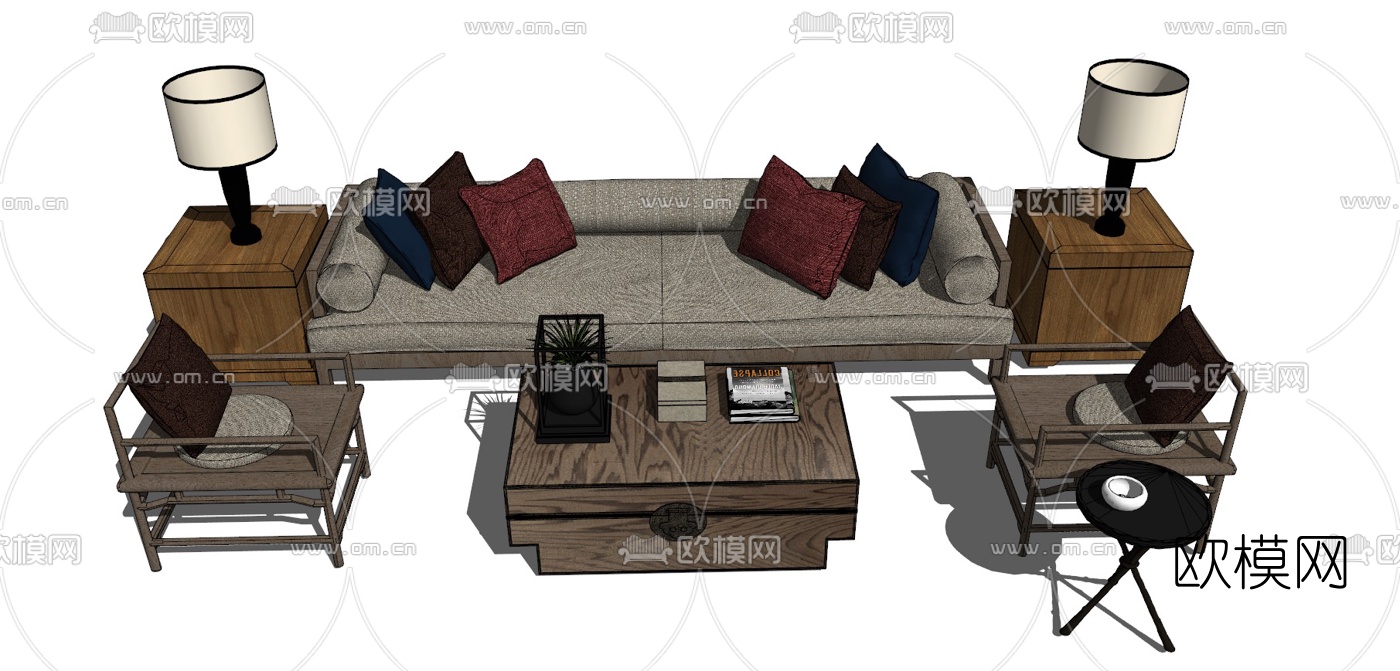 中式实木沙发组合su模型下载