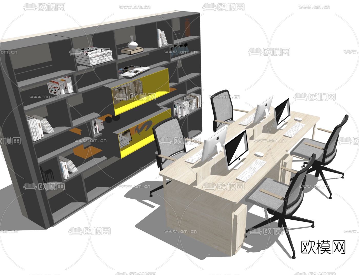 现代卡位办公桌免费su模型下载（渲染图2）