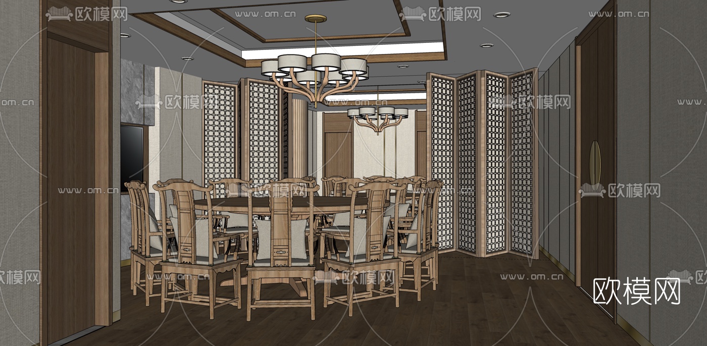 新中式餐厅包间su模型