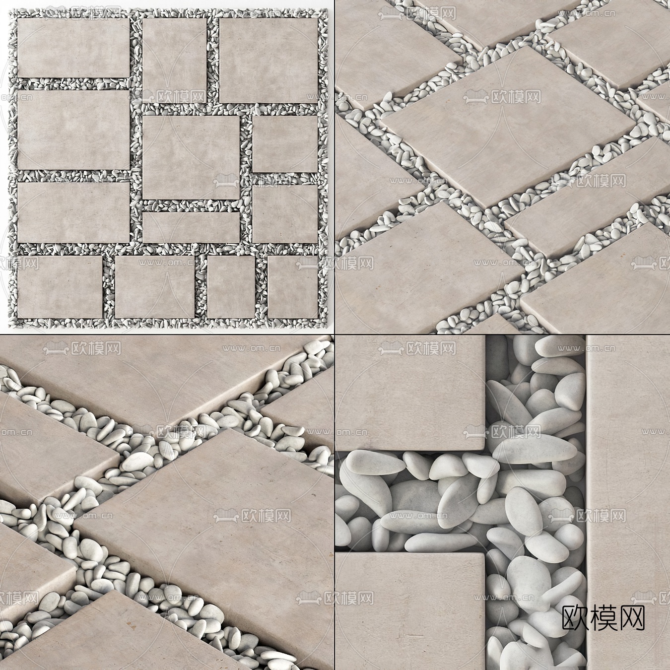 现代鹅卵石石板路小品3d模型下载（渲染图1）