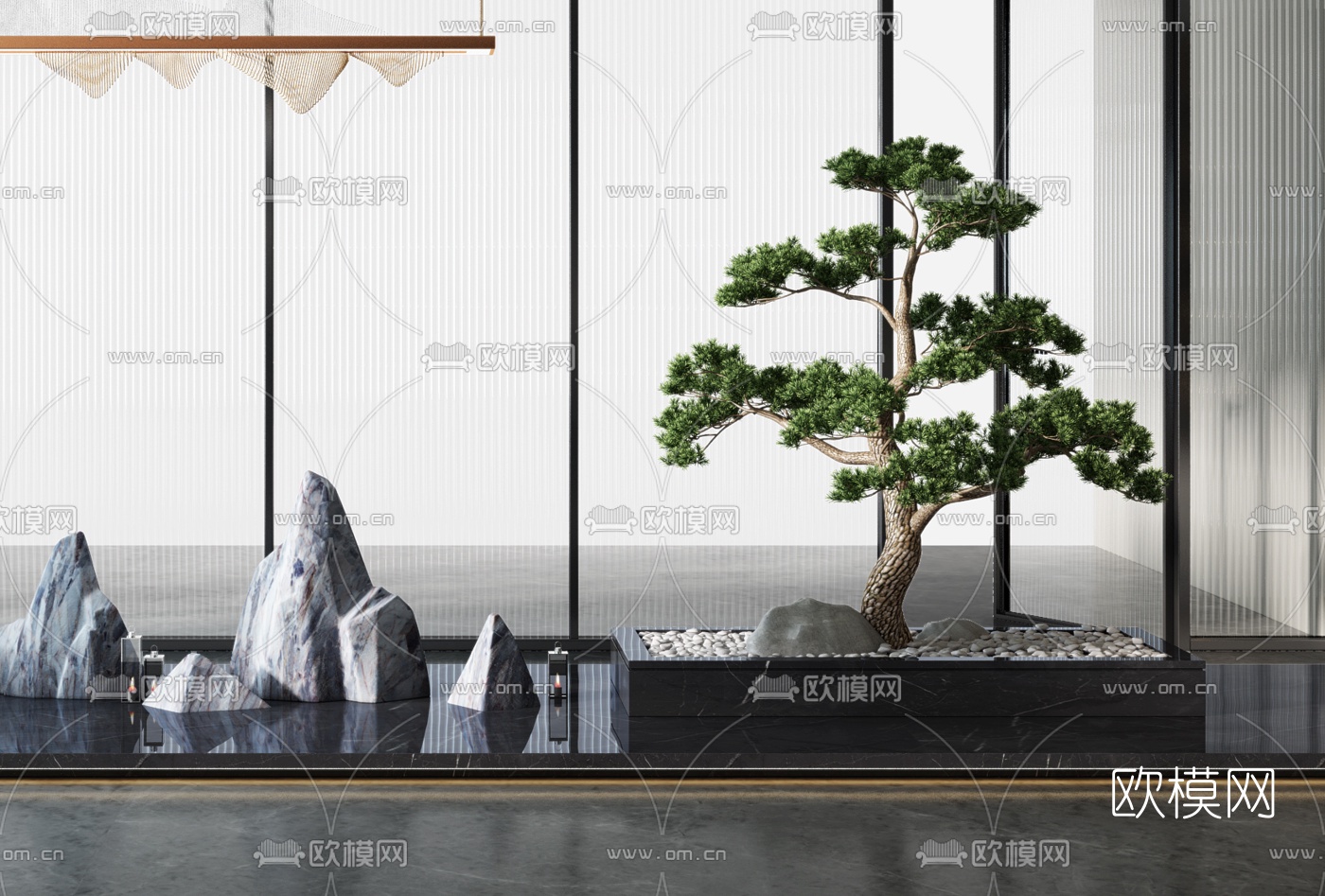 新中式旱景假山园艺小品3d模型下载（渲染图2）