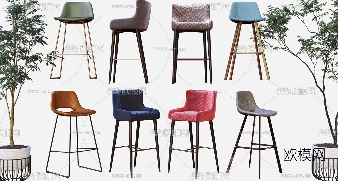 现代布艺吧台椅3d模型下载（渲染图1）