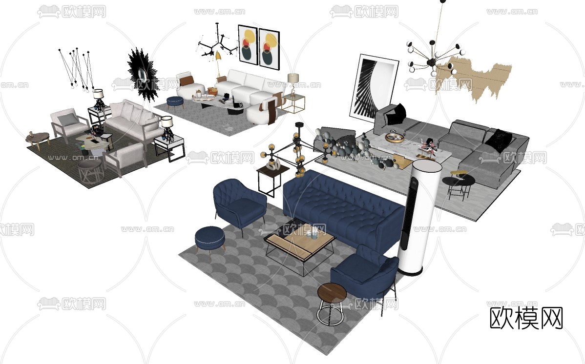 现代布艺组合沙发su模型下载（渲染图2）