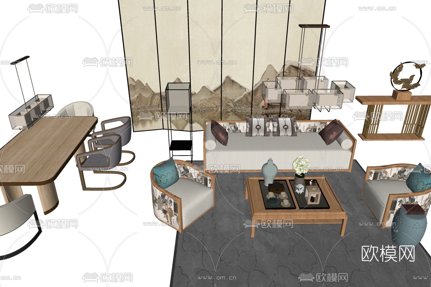 新中式实木组合沙发su模型下载