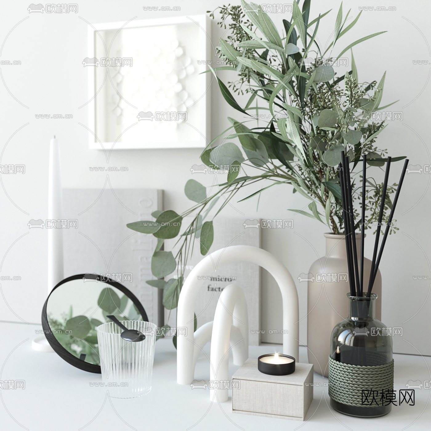 北欧蜡烛花卉香薰摆件3d模型下载（渲染图1）