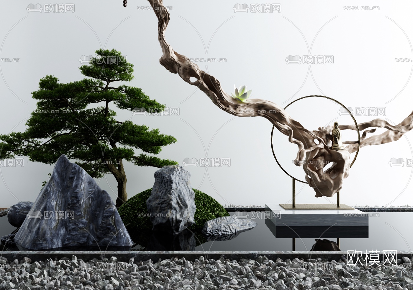 新中式禅意松树山石景观小品3d模型下载_ID10351807_3dmax免费模型-欧模网