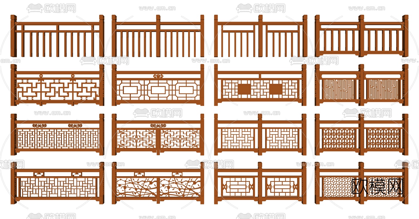 新中式實木護欄su模型