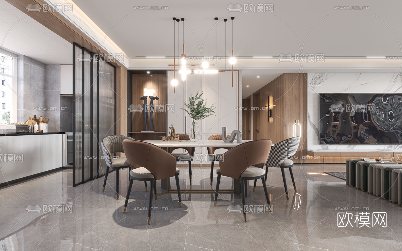 现代简约客厅餐厅3d模型