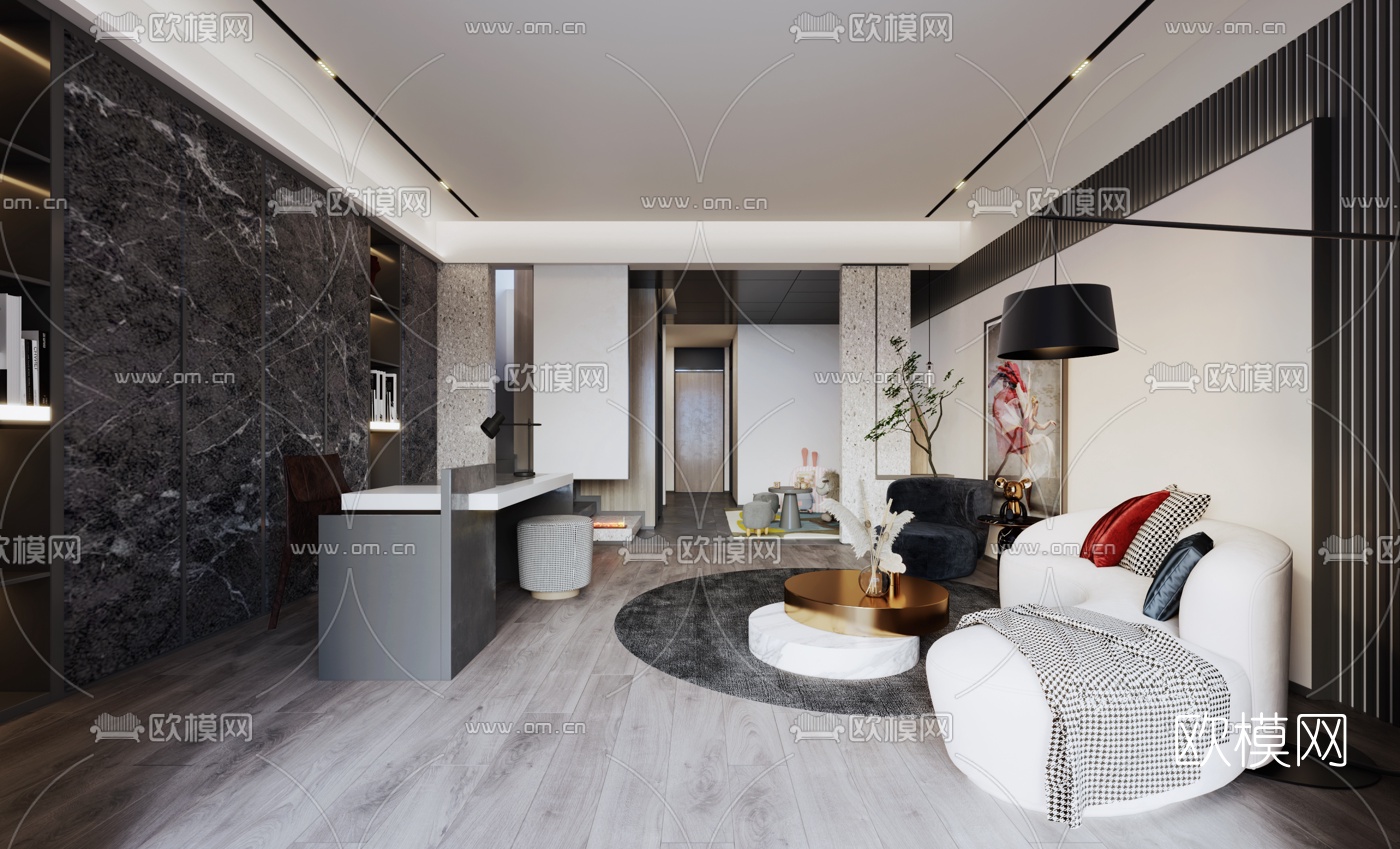 现代简约起居室3d模型下载（渲染图1）
