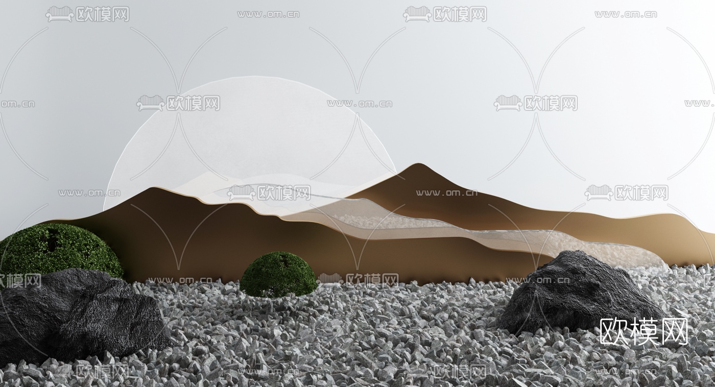 新中式沙漠假山灌木景观小品3d模型下载