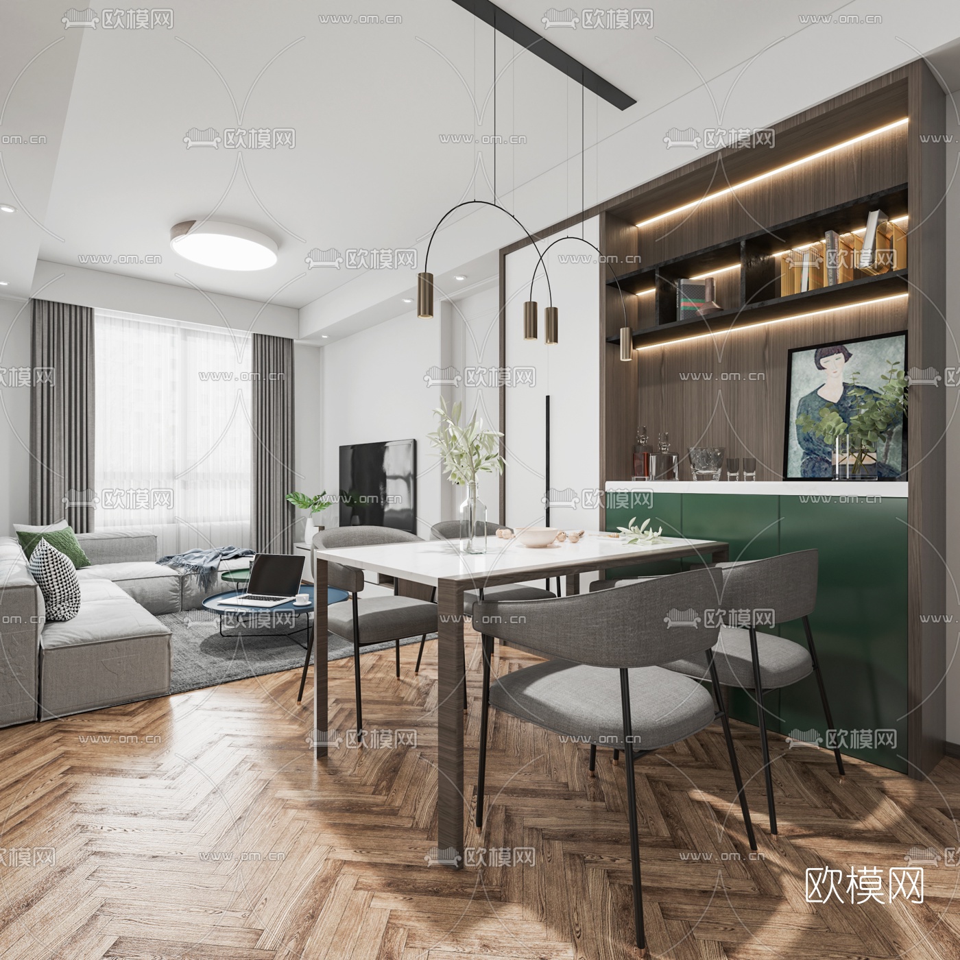 现代公寓客厅餐厅3d模型下载（渲染图4）