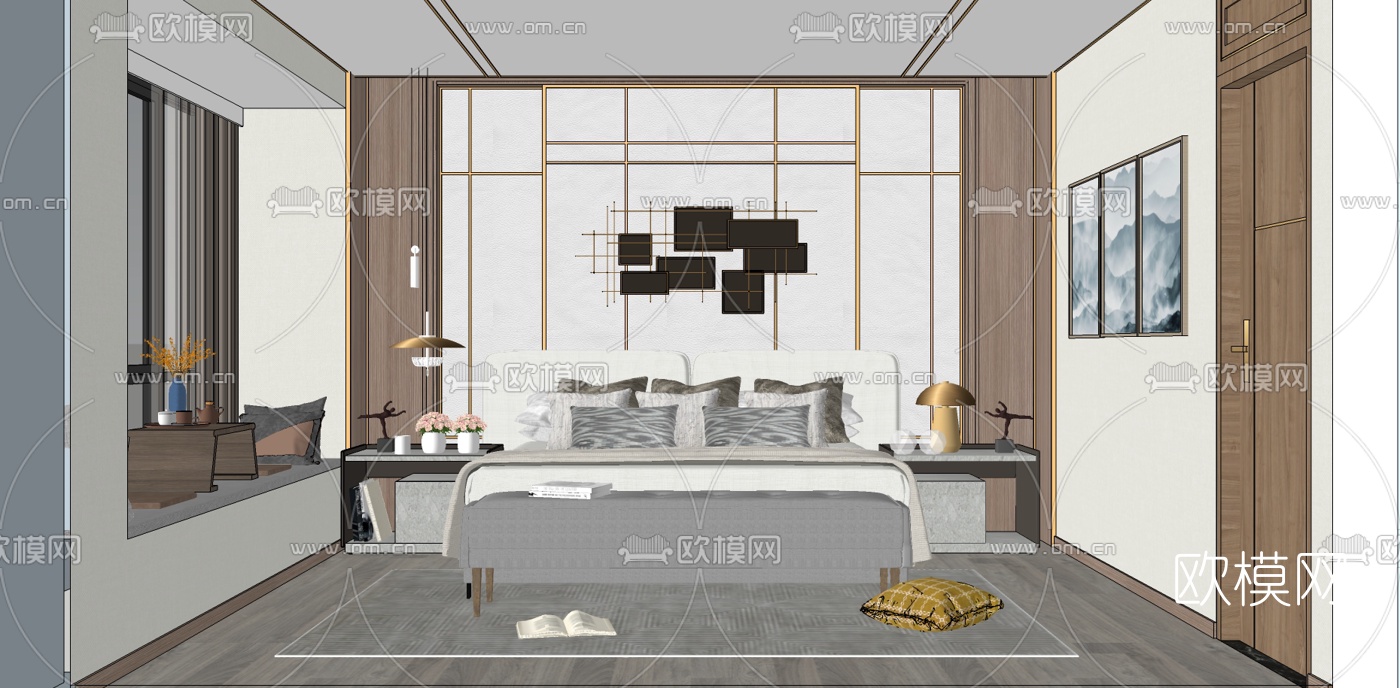 新中式主人房卧室su模型下载