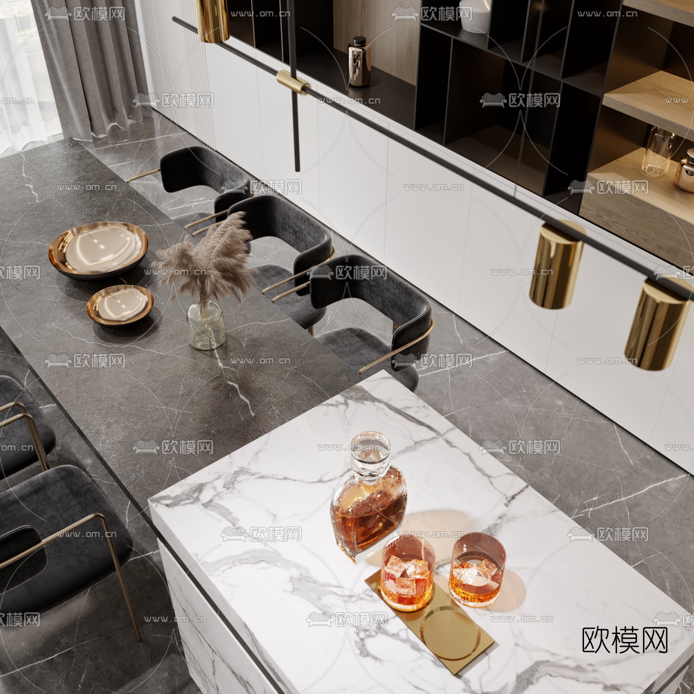 现代轻奢客厅餐厅3d模型