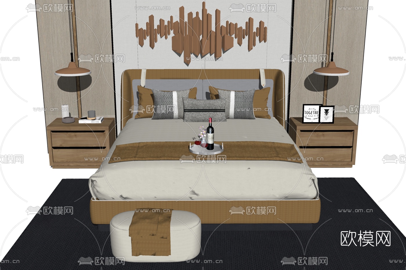现代布艺双人床su模型