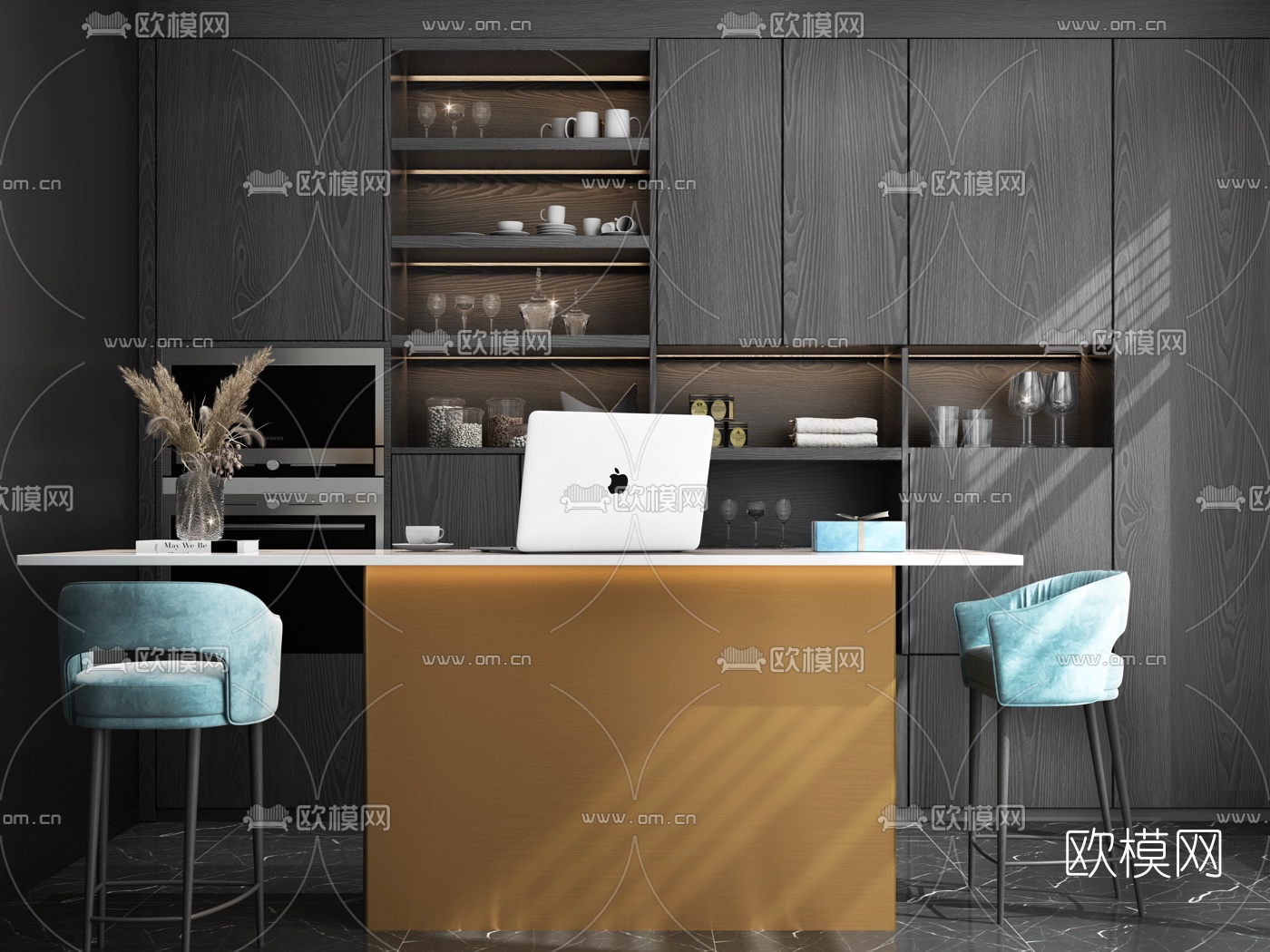 现代橱柜中岛柜吧台椅3d模型下载