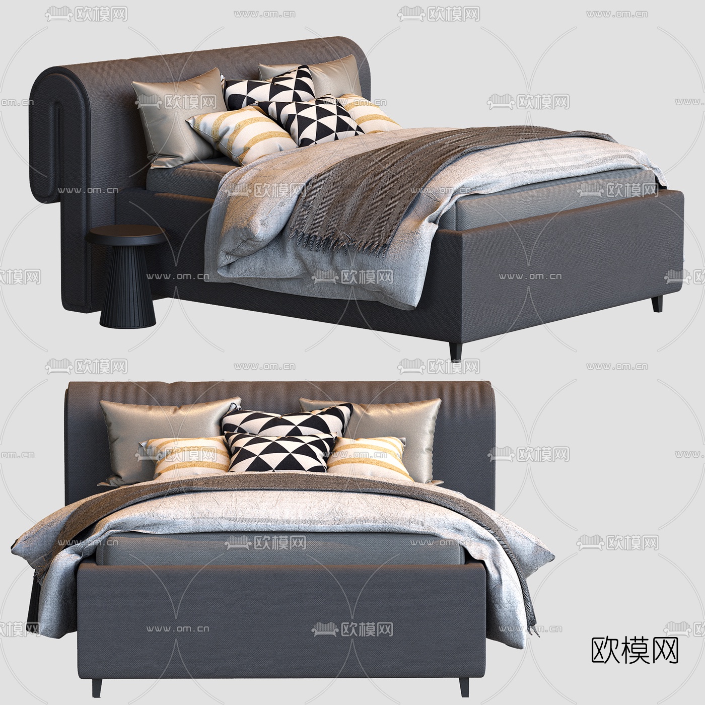 现代布艺双人床3d模型下载（渲染图1）