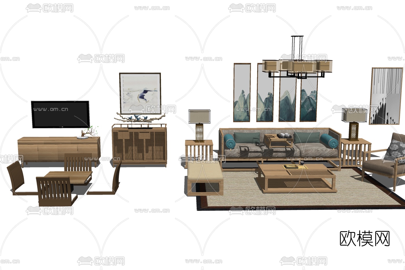 新中式实木组合沙发su模型下载
