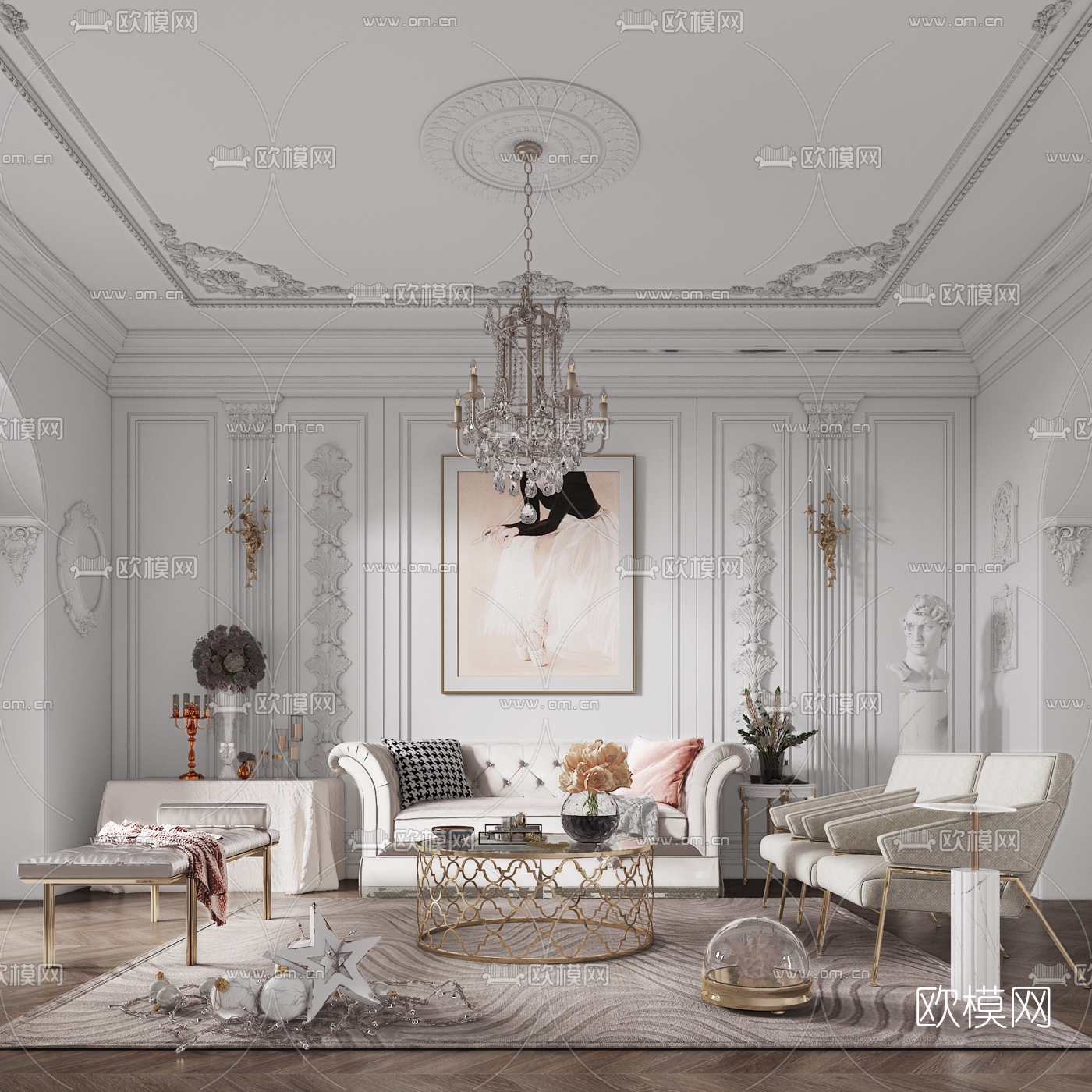 法式布艺沙发组合3d模型下载