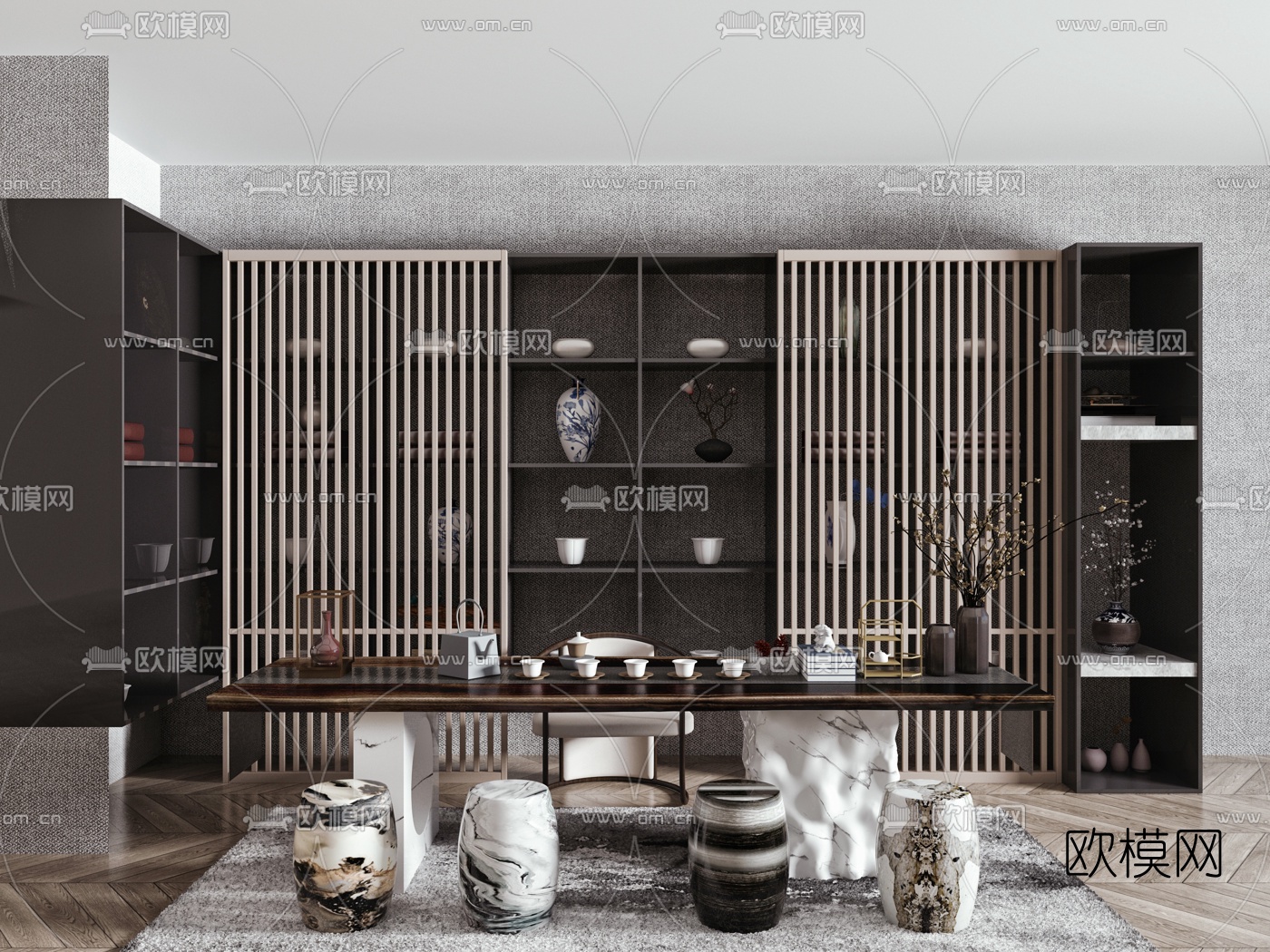 新中式大理石茶桌椅3d模型下载