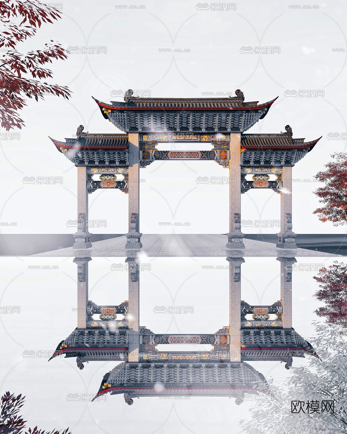 中式古建牌坊3d模型下载