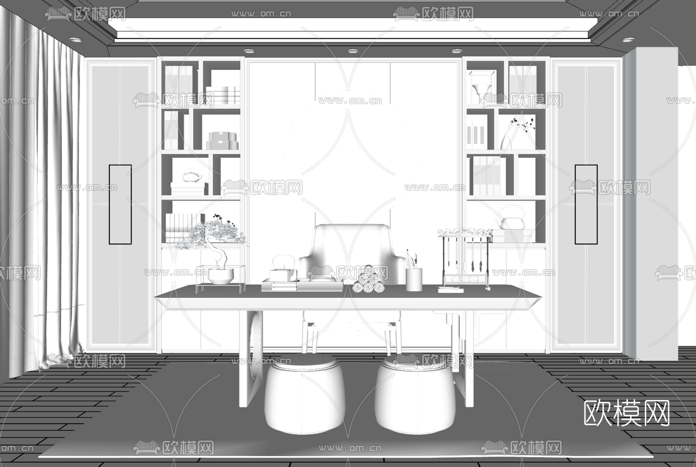 新中式书房su模型下载（渲染图3）