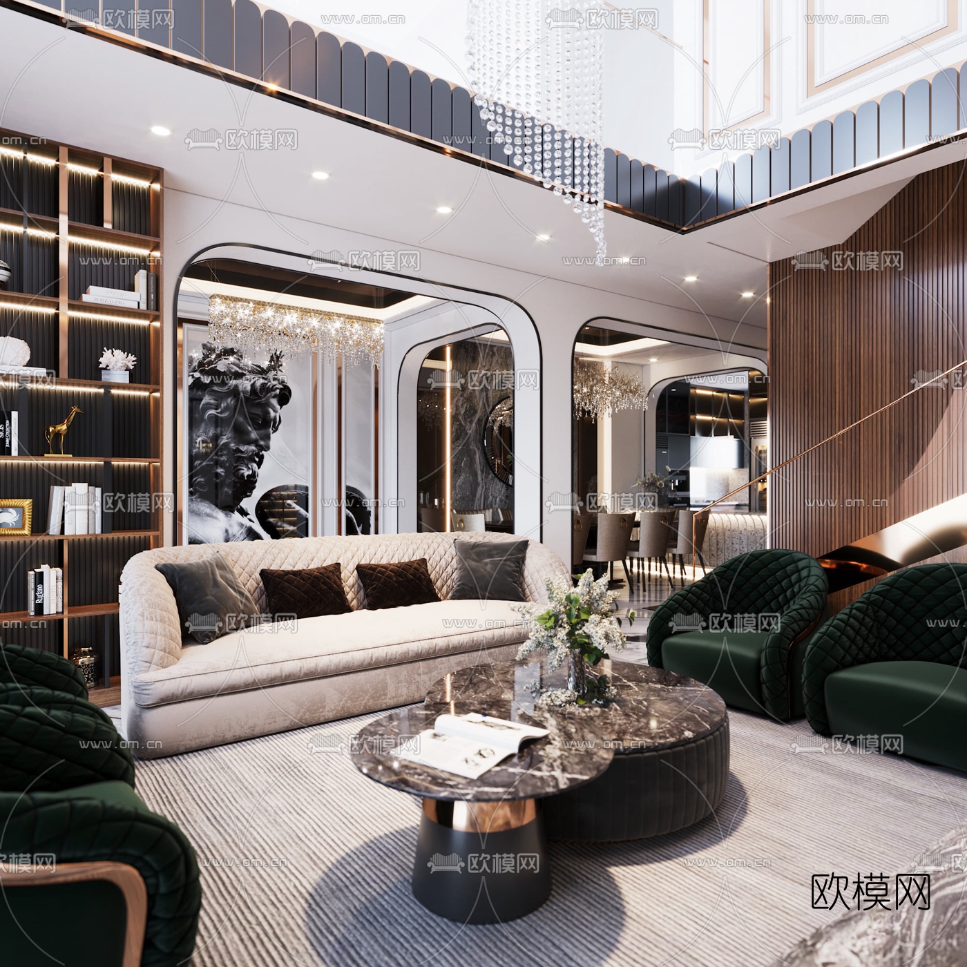 北欧轻奢别墅客厅餐厅3d模型下载（渲染图1）