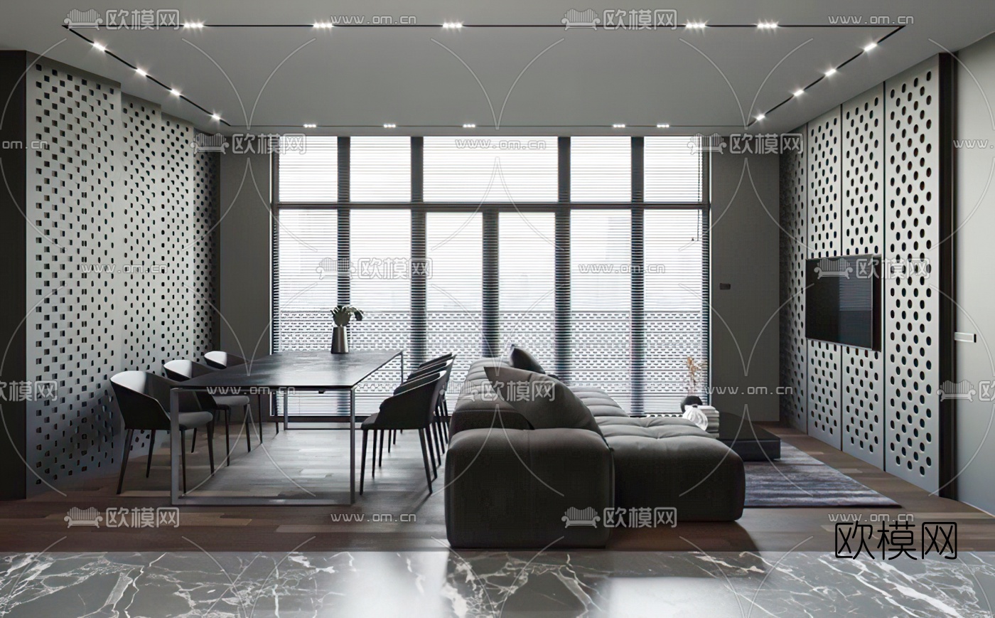 现代公寓客厅餐厅3d模型下载（渲染图1）
