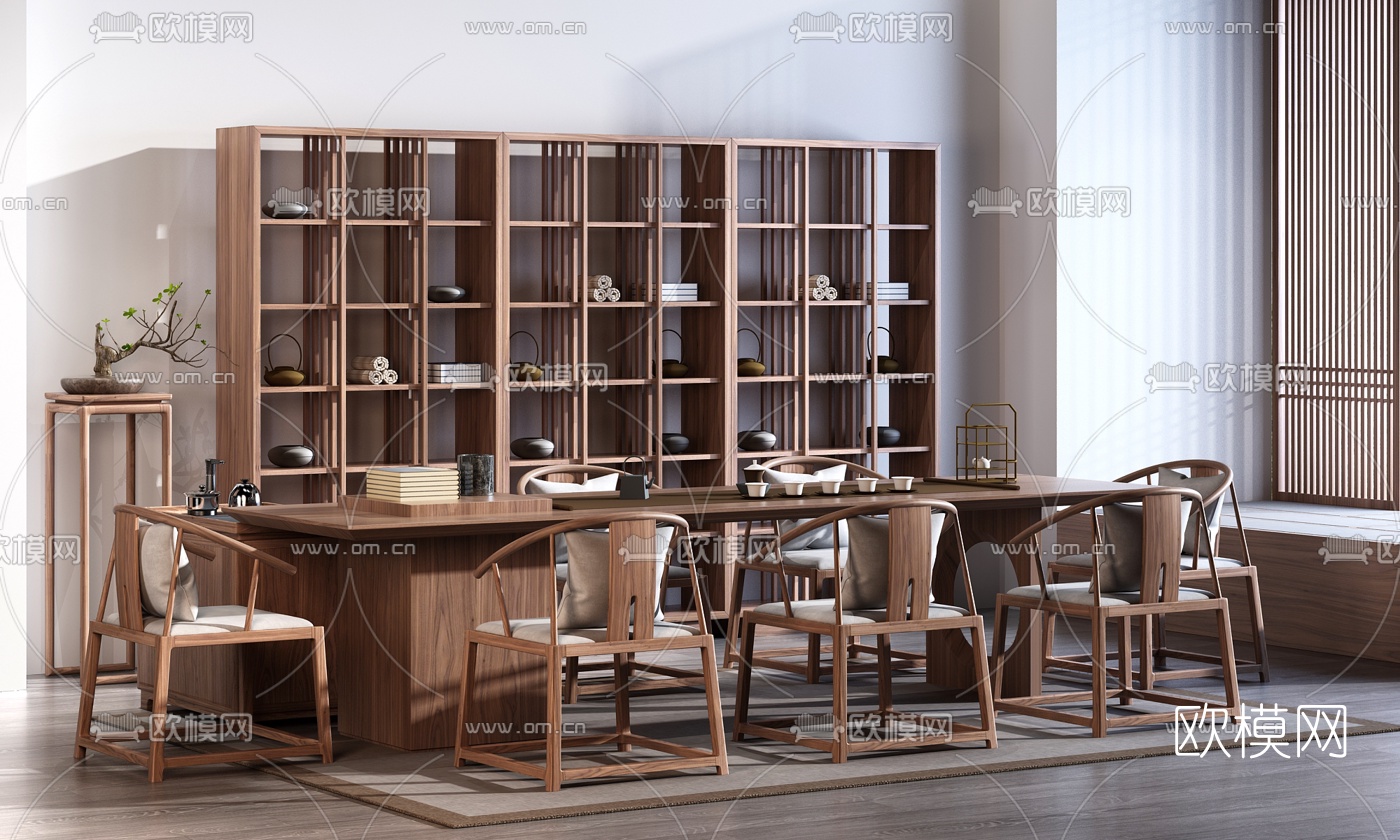 新中式实木茶桌椅3d模型下载